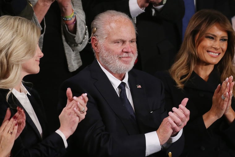 Rush Limbaugh and wife Kathryn, left, attended the State of the Union address with first lady Melania Trump in the chamber of the U.S. House of Representatives on Feb. 4, 2020 in Washington.