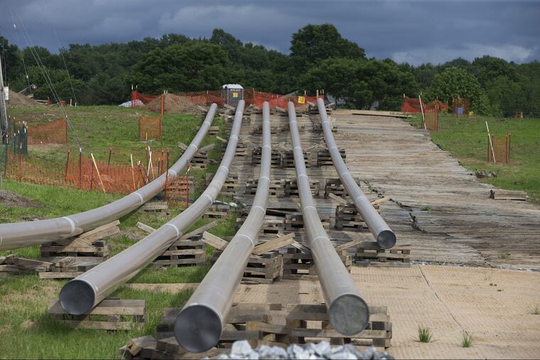 Laid out pipes for the Mariner East natural gas pipeline by the Goshen Corporate Park in Chester County.