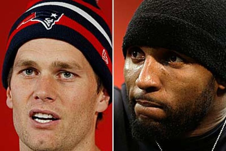 Tom Brady (right) and the Patriots play Ray Lewis and the Ravens in the AFC championship game for the second season in a row. (AP photos)