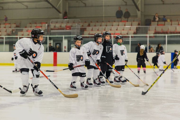 Children work on drills during a session at the Flyers rookie camp at the Bucks County Ice Sports Center. (Photo courtesy of the Flyers)