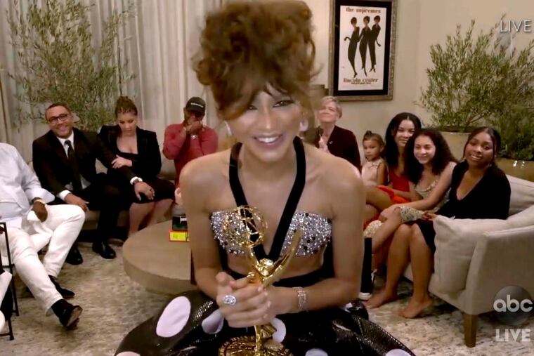 Zendaya virtually accepts the award for outstanding lead actress in a drama series for "Euphoria" during the 72nd Emmy Awards broadcast.