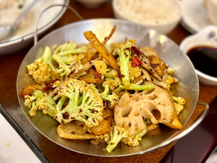 Dry-fried Chinese cauliflower and lotus root at Meet Harbin, 1508 Sansom St.