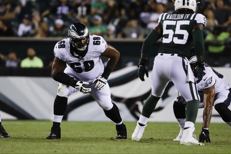 Philadelphia Eagles left tackle Jordan Mailata during a preseason NFL football game against the New York Jets in Philadelphia, Thursday, Aug. 30, 2018. (AP Photo/Matt Rourke)
