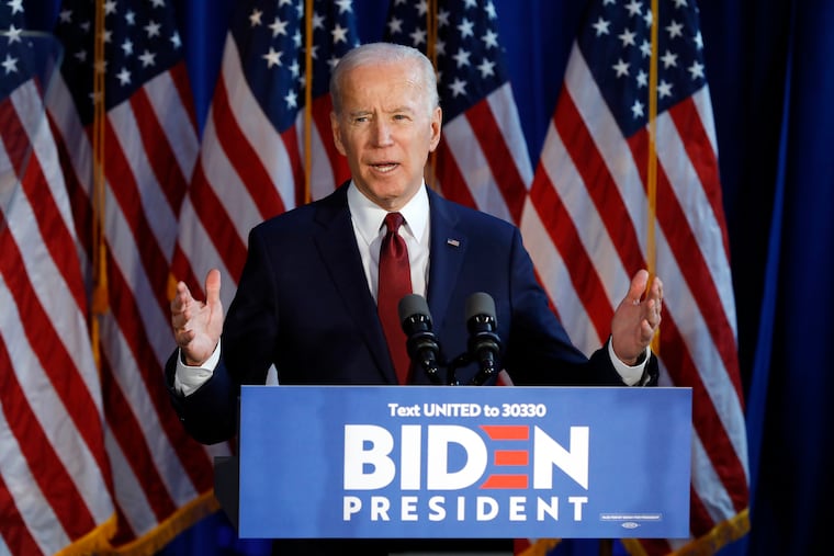 Democratic presidential candidate former Vice President Joe Biden makes a foreign policy statement, in New York on Tuesday. Later in the evening he attended a fundraiser in Gladwyne.