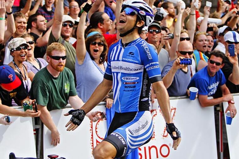 Kiel Reijnen celebrates as he wins the men's race in the Parx Casino
Philly Cycling Classic in Philadelphia, Pa. on June 2, 2013. (David Maialetti/Staff Photographer )
