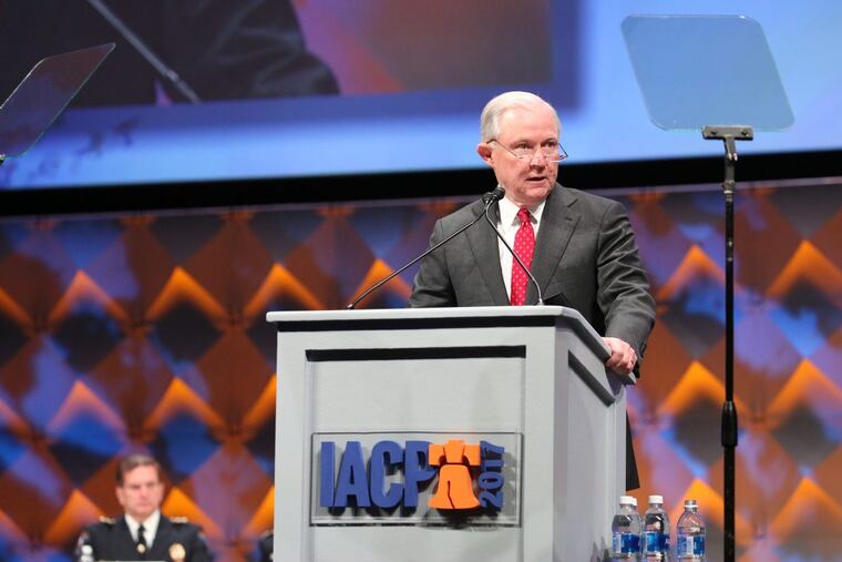 U.S. Attorney General Jeff Sessions addresses the International Association of Chiefs of Police conference, at the Pennsylvania Convention Center on Monday.