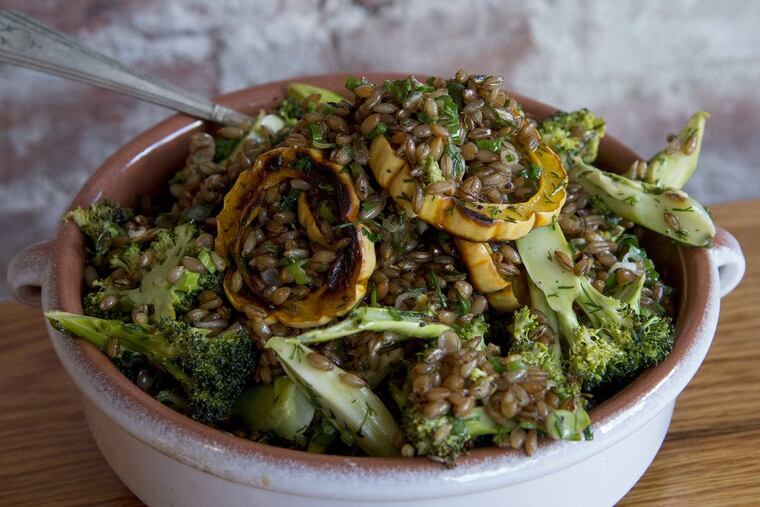 Do something with that squash! Here, roasted broccoli and delicata squash with warm rye berries.