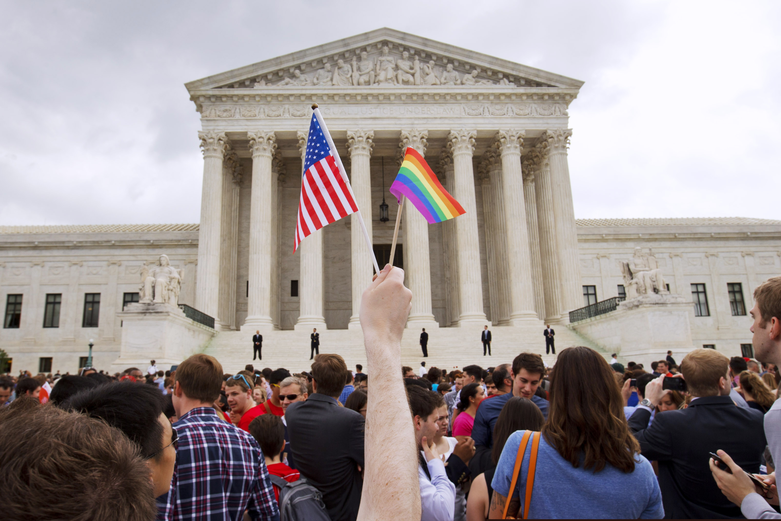A crowd celebrates outside of the Supreme Court in Washington in June 2015 after the court declared that same-sex couples have a right to marry anywhere in the United States.