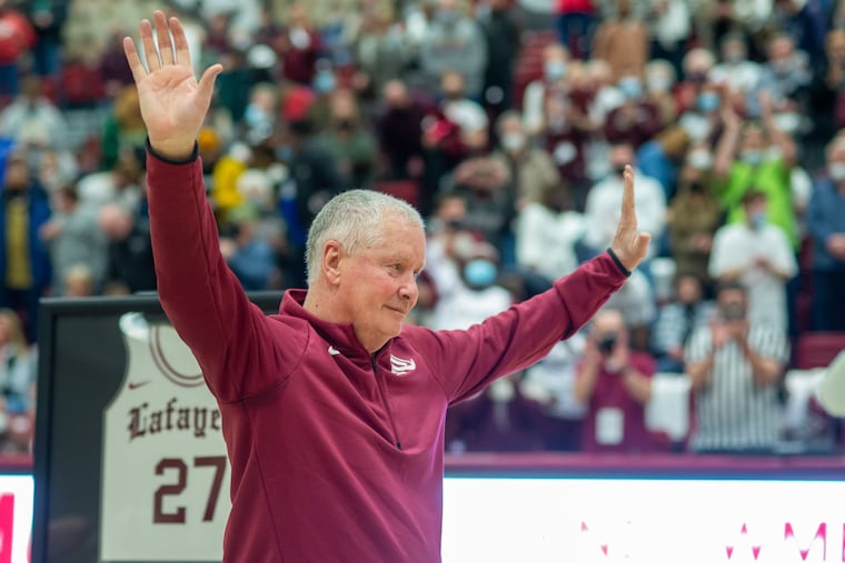 Fran O'Hanlon in 2022 during a ceremony honoring his tenure as Lafayette head coach. He will be inducted into the Big 5 Hall of Fame.