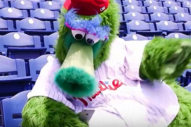 Phillie Phanatic orders a drink from a seat at Citizens Bank Park in a demonstration video from Aramark.