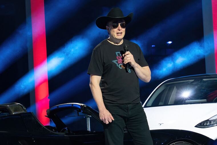 Elon Musk, shown speaking at the Tesla Giga Texas manufacturing "Cyber Rodeo" grand opening party on April 7 in Austin, Texas.