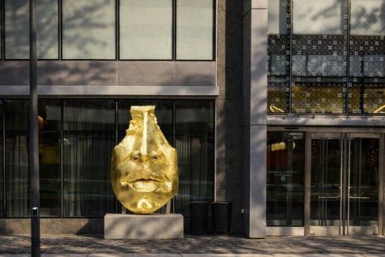 Monell’s “Face Fragment” sculpture, shown here in a rendering of what it will look like once it moves to One uCity Square. The sculpture has not moved yet.