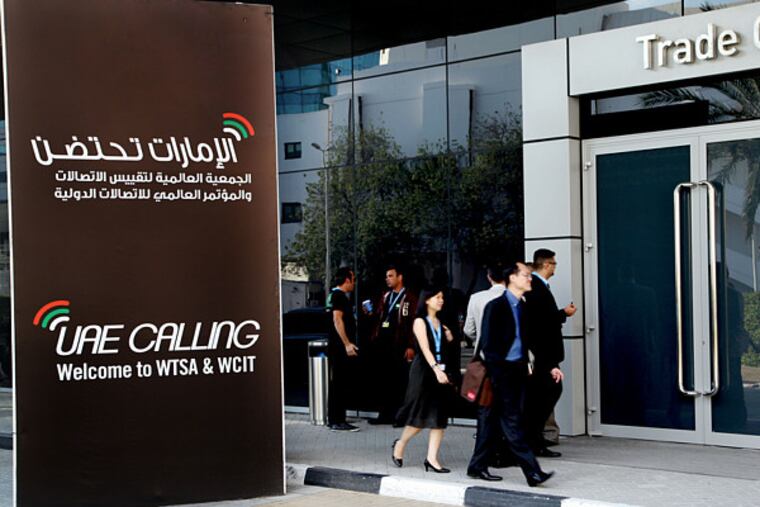 Delegates arriving at the World Trade Center, Dubai, for the World Conference on International Telecommunications.