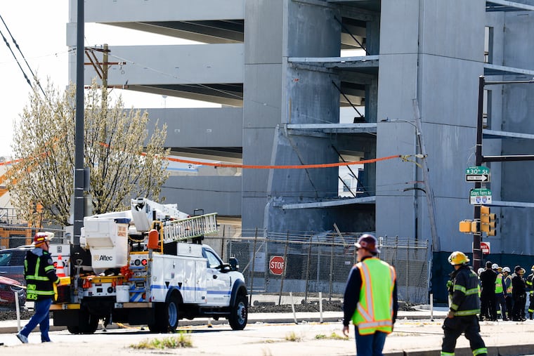 The scene of the parking garage collapse at 30th Street and Grays Ferry Avenue on Wednesday, April 8, 2026, in Philadelphia.