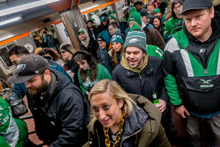 Fans arrive at SEPTA’s NRG station NRG at the end of the Broad Street Line at Lincoln Financial Field Sunday, Jan. 26, 2025 as the Eagles play the Washington Commanders in the NFC championship game.