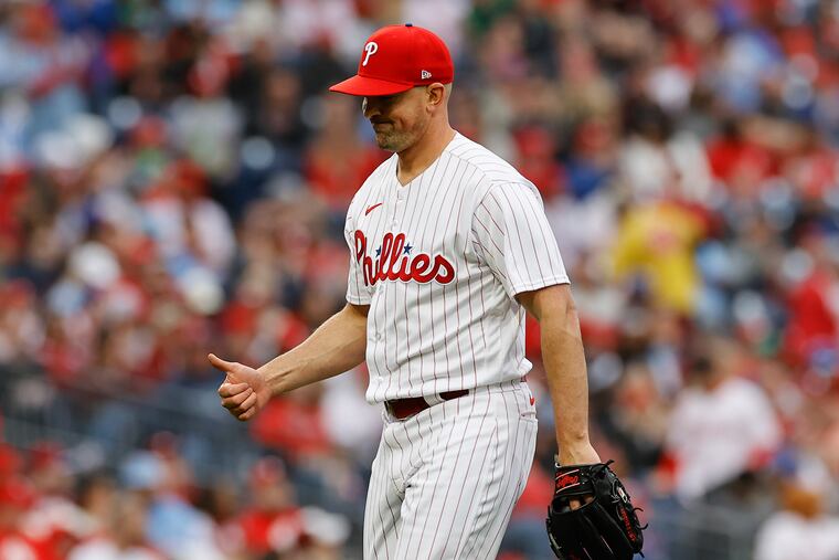 Phillies pitcher Andrew Bellatti raises his thumb against the Cincinnati Reds on Friday, April 7, 2023.