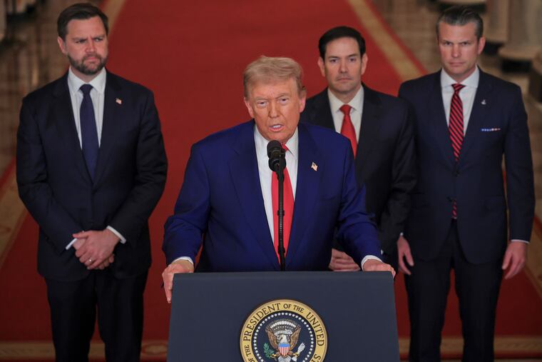 President Donald Trump speaks from the East Room of the White House on Saturday after the U.S. military struck three Iranian nuclear and military sites, as Vice President JD Vance, Secretary of State Marco Rubio and Defense Secretary Pete Hegseth listen.