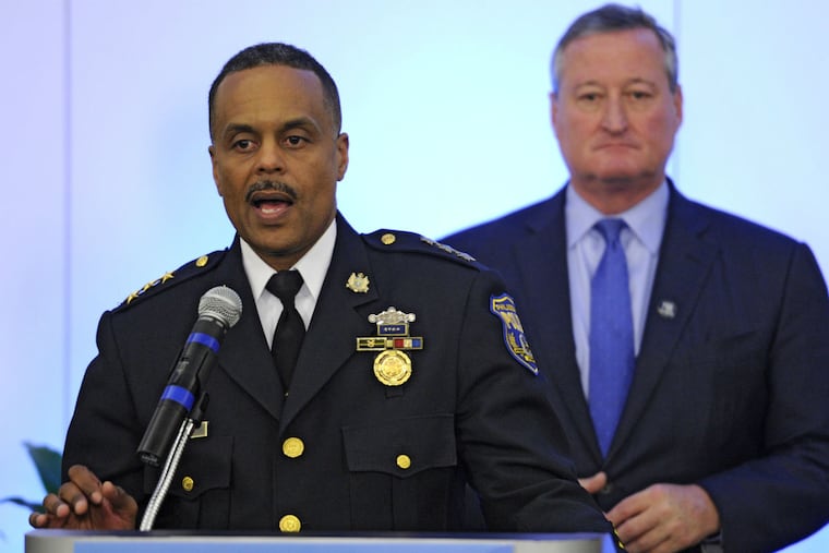 Richard Ross, first deputy commissioner of the Philadelphia Police Department, answers reporters' questions after Mayor-elect Jim Kenney (right) announced that Ross would be his choice to replace retiring Police Commissioner Charles Ramsey when his administration takes over City Hall in January.