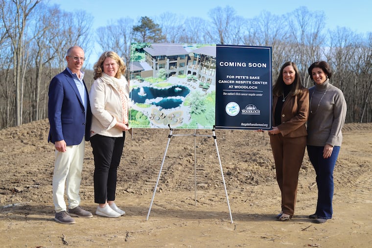 Bob Kiesendahl (from left), owner of Woodloch Resort; Marci Schankweiler, founder and CEO of For Pete's Sake; State Sen. Lisa Baker; and respite recipient Jennifer Coleman mark plans for a new cancer respite center in Hawley, Pa.