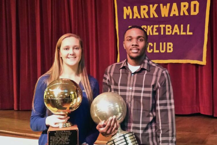 Mount St. Joseph's Alex Louin and Neumann-Goretti's Ja'Quan Newton with their Markward awards Wednesday night.