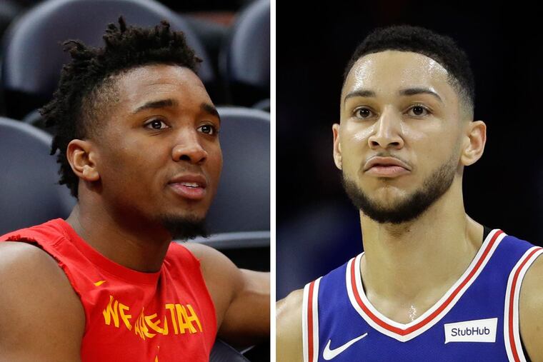 Utah Jazz rookie Donovan Mitchell (left) doesn’t think Sixers’ Ben Simmons should be eligible for Rookie of the Year award this season.