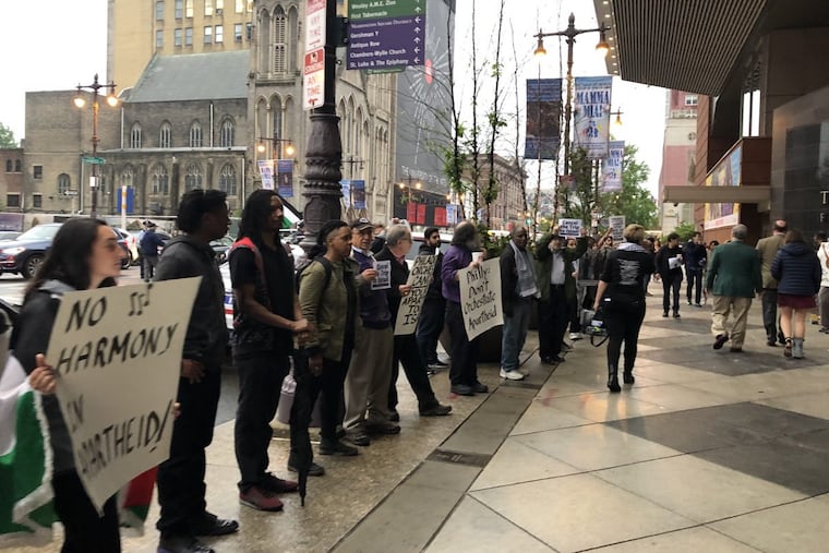 Roughly 60 pro-Palestinaian protesters showed up on Saturday, May 19, 2018, blocking Broad Street for five minutes. The protesters eventually moved to the southbound lane, where police directed traffic around them.