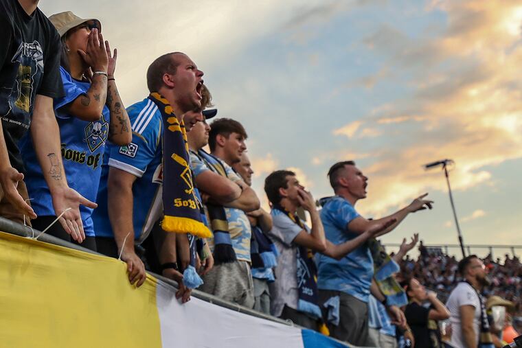 Union fans react in the first half of a Leagues Cup match against Lionel Messi and Inter Miami CF at Subaru Park.