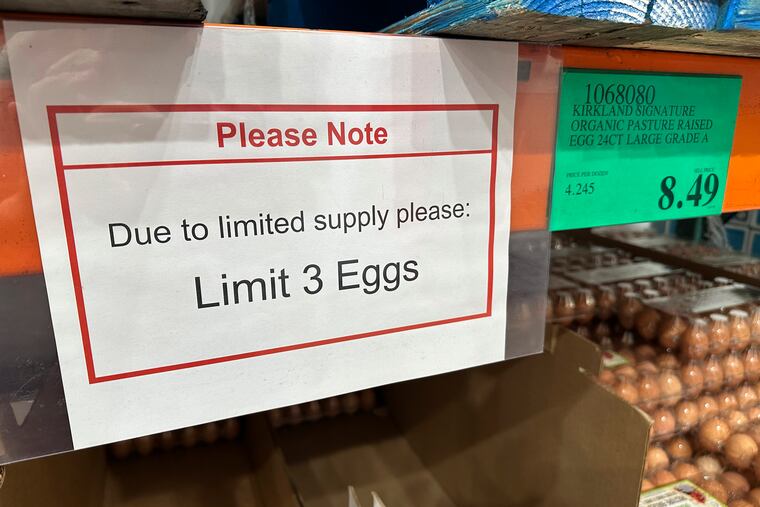 A sign notes the limitation on the purchase of cartons of eggs in a Costco warehouse Tuesday, Feb. 18, 2025, in Sheridan, Colo.