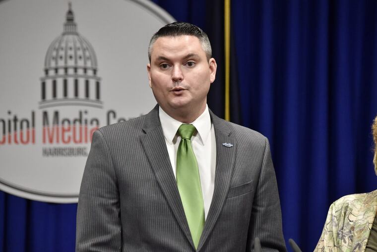 In this Monday, Feb. 5, photo, State Rep. Nick Miccarelli, R-Delaware, speaks during a joint press conference with State Rep. Margo Davidson, D-Delaware, on commonsense gun reform legislation in the Capitol Media Center. (Blaine Shahan/LNP via AP)