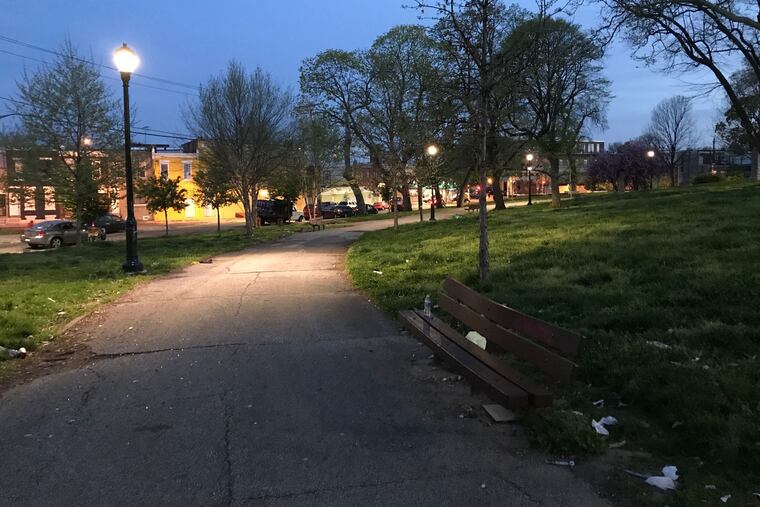 The paved path in Kensington's McPherson Square on the night of April 18, 2017, after Michelle Kolk was hit by a police cruiser about 4:25 p.m. She died a week later.