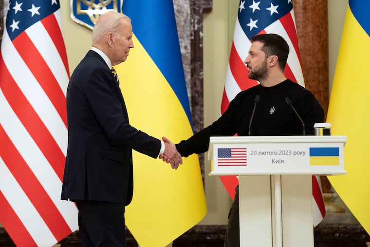 President Joe Biden shakes hands with Ukrainian President Volodymyr Zelensky in Kyiv, Ukraine, on Monday. While the outcome of the war remains uncertain, Biden has done a deft job of uniting European allies to support Ukraine.