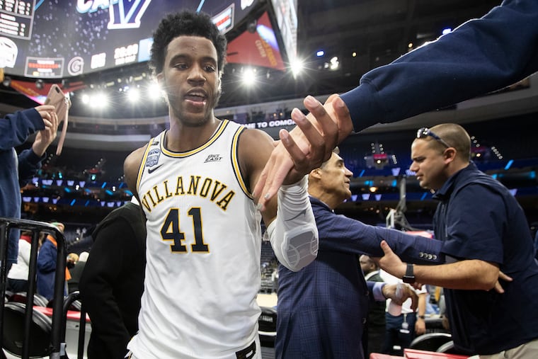 Saddiq Bey of Villanova is congratulated after scoring 33 points against Georgetown during the 2nd half on Jan. 11, 2020 at the Wells Fargo Center. Bey tied a school record with 8 3-pointers.
