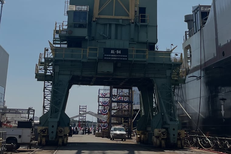 TS Empire State (visible at lower center, beneath and beyond the crane) and TS State of Maine (at right) at Aker Philadelphia Shipyard before the yard's December 2024 purchase by South Korea's Hanwha industrial group.