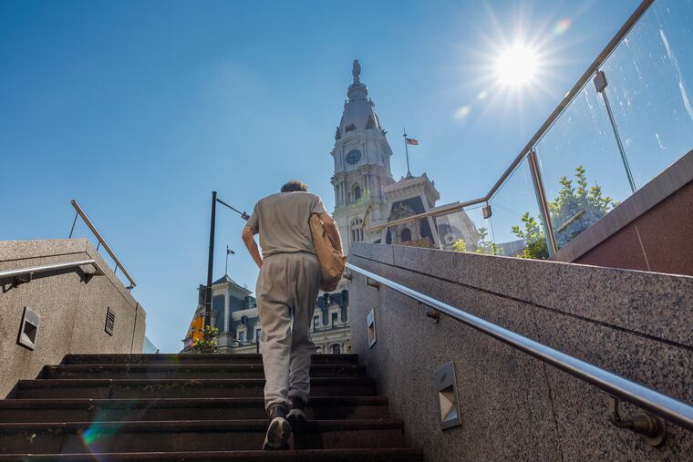 Strong sun over City Hall makes for hot day in Center City on Monday.
