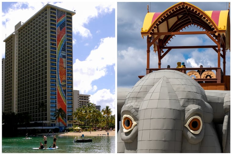 (Left) People swim in the lagoon in front of the Hilton Hawaiian Village resort in Honolulu and visitors (right) in Margate tour the historic six-story roadside attraction that some would describe as the Jersey Shore’s equivalent of Paris’ Eiffel Tower earlier this year.
