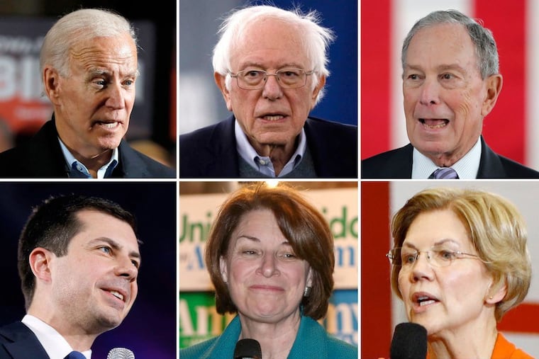 2020 Democratic presidential candidates (clockwise from top left): Former Vice President Joe Biden; Vermont Sen. Bernie Sanders; former New York City mayor Mike Bloomberg; Massachusetts Sen. Elizabeth Warren; Minnesota Sen. Amy Klobuchar; and former South Bend, Ind. mayor Pete Buttigieg.