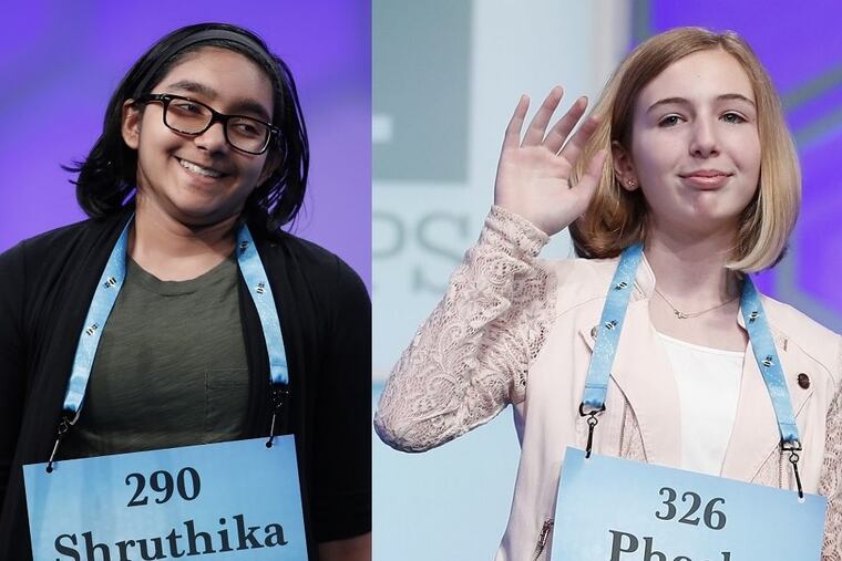 Shruthika Padhy of Cherry Hill (left) and Phoebe Smith of Aston were among 16 finalists competing in the Scripps National Spelling Bee on Thursday.