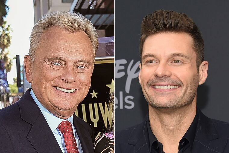 Pat Sajak attends a ceremony honoring Harry Friedman with a star on the Hollywood Walk of Fame in Los Angeles in 2019, left, and Ryan Seacrest attends the Walt Disney Television 2019 event.