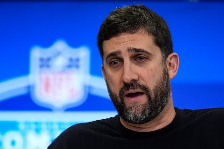 Eagles coach Nick Sirianni speaks during a press conference at the NFL scouting combine in Indianapolis.