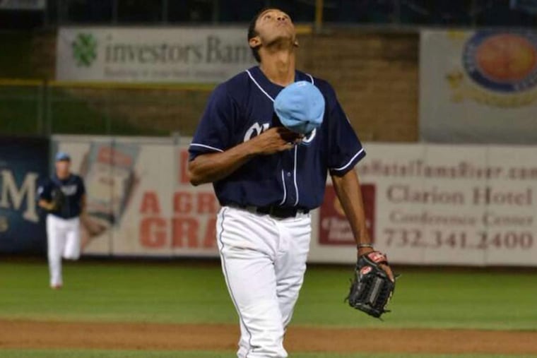 Jairo Munoz leaves the mound after pitching a half-inning for the Lakewood (N.J.) BlueClaws, a minor-league affiliate of the Phillies, this season.