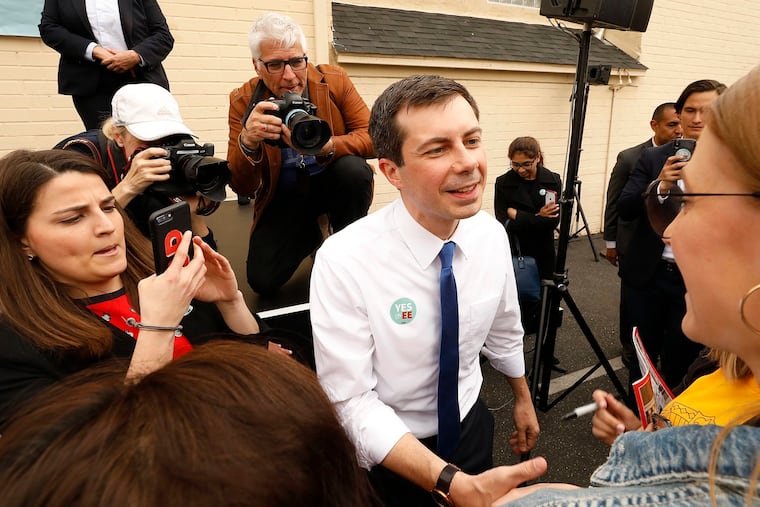 South Bend, Ind., Mayor Pete Buttigieg greets supporters as he joins Los Angeles Mayor Eric Garcetti at a rally on Thursday, May 9, 2019, in Los Angeles.