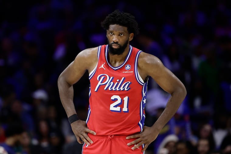 Sixers center Joel Embiid against the Minnesota Timberwolves on Friday, April 3, 2026 in Philadelphia.
