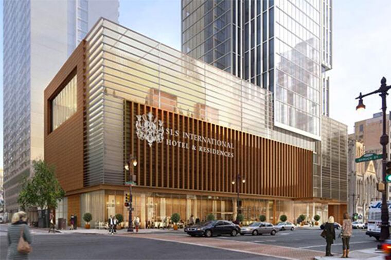 A rendering of part of Carl Dranoff's SLS International Hotel and Residences, a 47-story tower with 125 condos and 150 hotel rooms at Broad and Spruce streets. (KPF Associates)