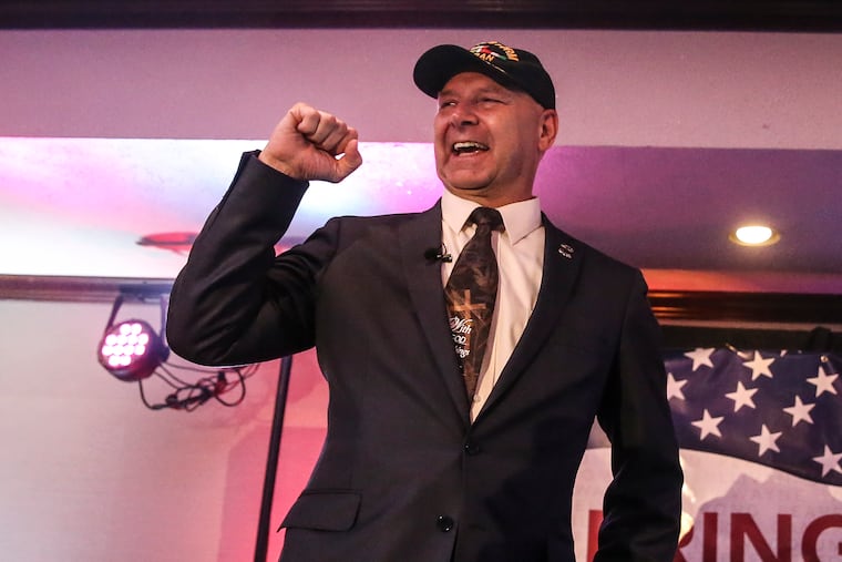 Pennsylvania State Sen. Doug Mastriano celebrates his victory in the Republican primary for governor on Tuesday in Chambersburg.