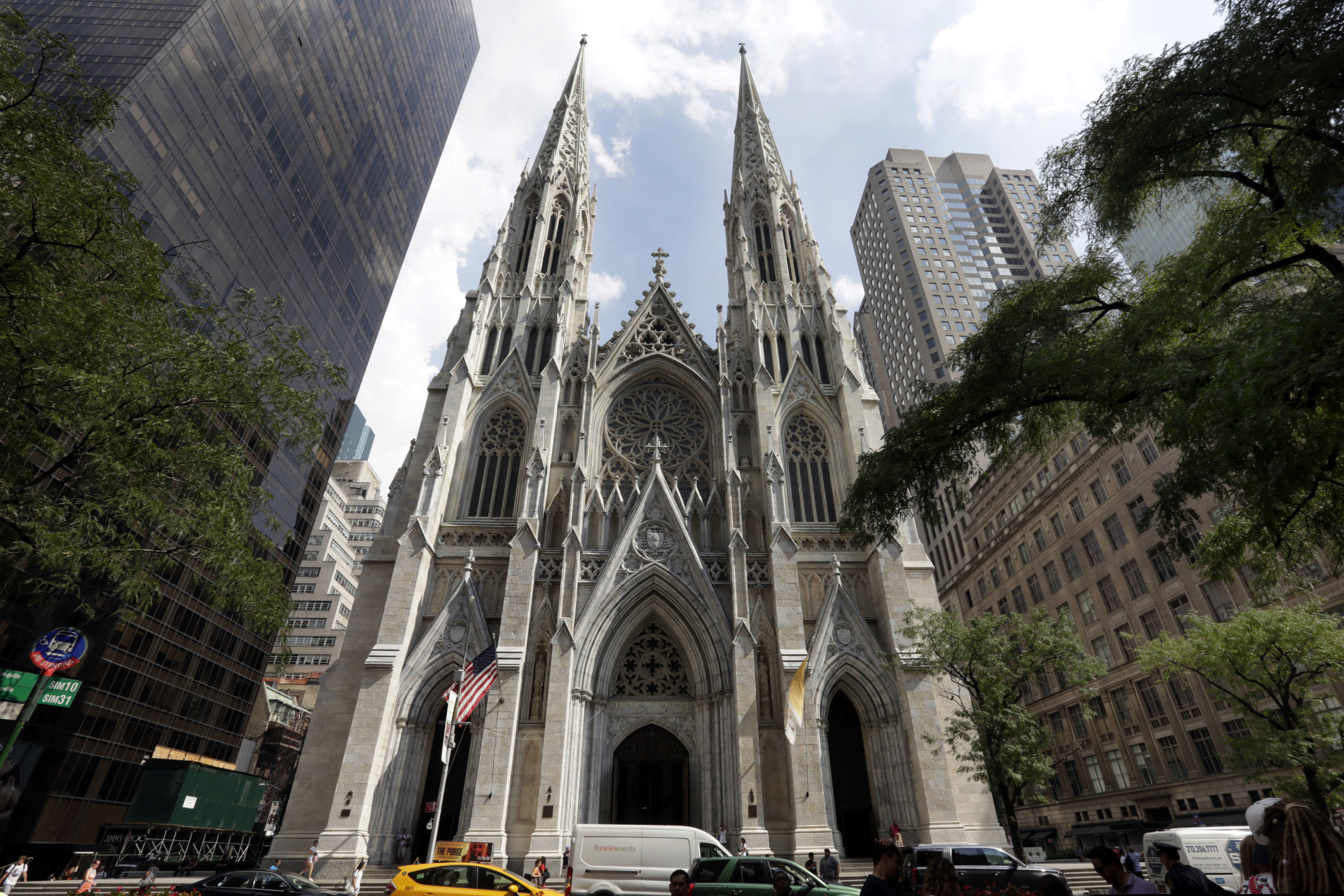 This Sept. 6, 2018, photo shows St. Patrick's Cathedral in New York. A New Jersey man has been arrested outside the cathedral with two jugs of gasoline. Police say church personnel stopped the 37-year-old man from entering the landmark cathedral in Manhattan at about 9 p.m. Wednesday, April 17, 2019. Authorities were investigating whether the unidentified man is emotionally disturbed.