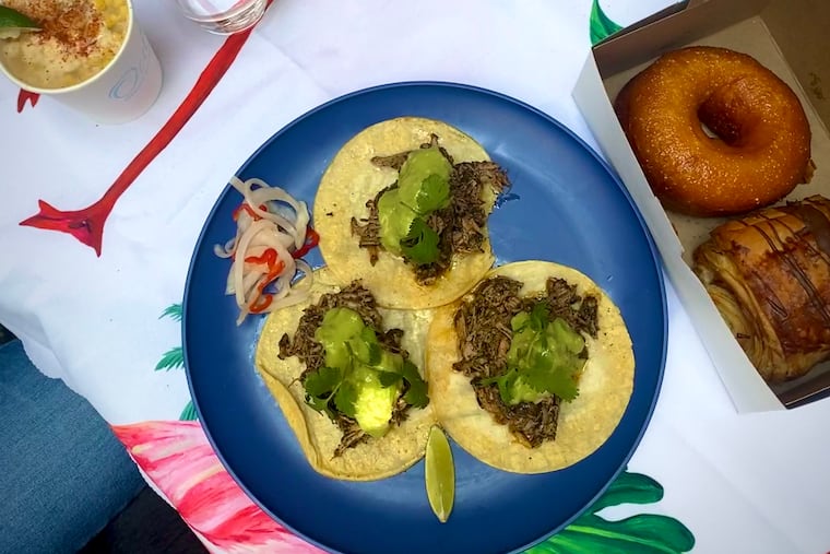 Cochinita tacos, esquites, and an agave-chamomile donut from Sí, a weekly collaboration in Old City from Israel Nocelo and CJ Cheyne.