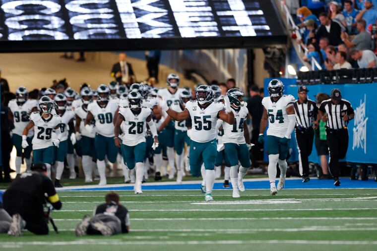 Philadelphia Eagles take to the field at the start of the game against the Detroit Lions at Ford Field in Detroit, Mich. on Sunday.