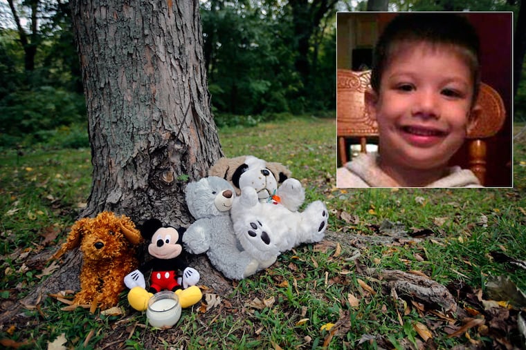 A makeshift memorial in Cooper River Park near where the body of 3-year-old Brandon Link Creato (inset) was found.