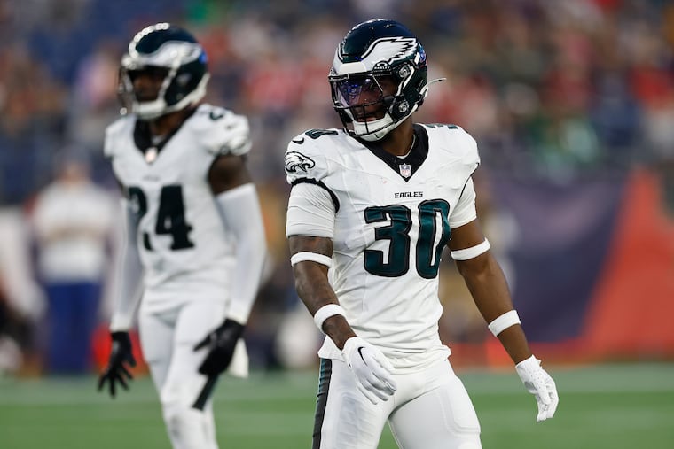 Quinyon Mitchell (30), a first-round draft pick out of Toledo, quickly slotted into a starting role with the Eagles.