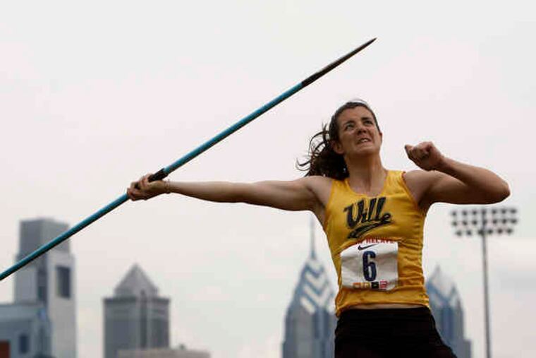Millersville University senior Michele Frayne throws the javelin at Franklin Field in the heptathlon, in which she finished second with 4,764 points to Maddy Outman, who had 5,182.